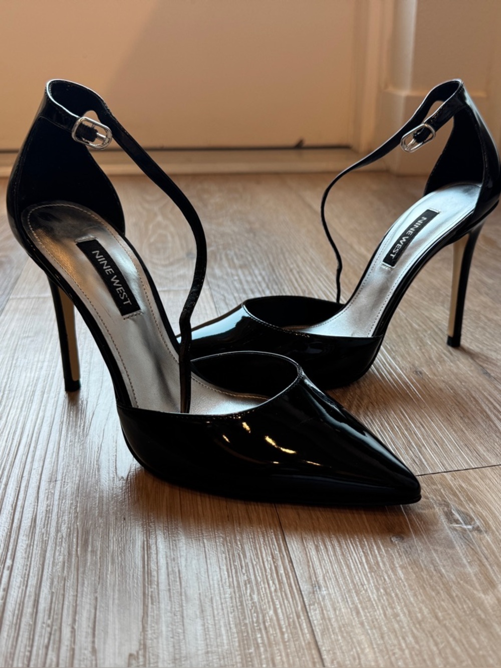 Nine West Black Patent Pointed-Toe Ankle-Strap Stilettos